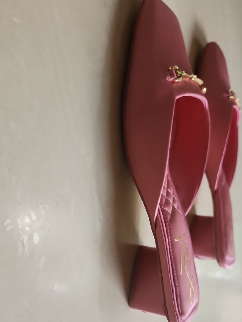 New! Sam Edelman Satin Pink Slide Mules with Gold Bit Detail - Picture 3 of 4